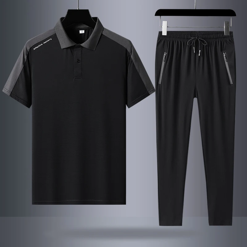 

2023 летние черно-белые спортивные костюмы для мужчин, комплект с короткими рукавами, рубашка поло + спортивные штаны, спортивный костюм для бега, большой размер 5XL