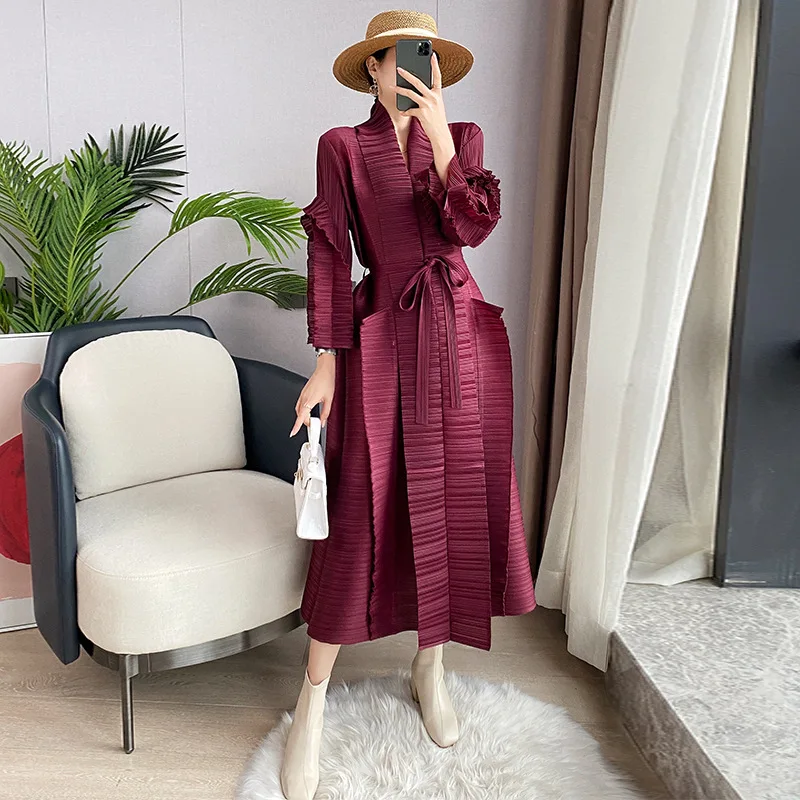 

Miyake Style Pleated French Dress Spring 2023 Women's Long Sleeved Midi Tie Pleated Dress Women's Holiday Clothing
