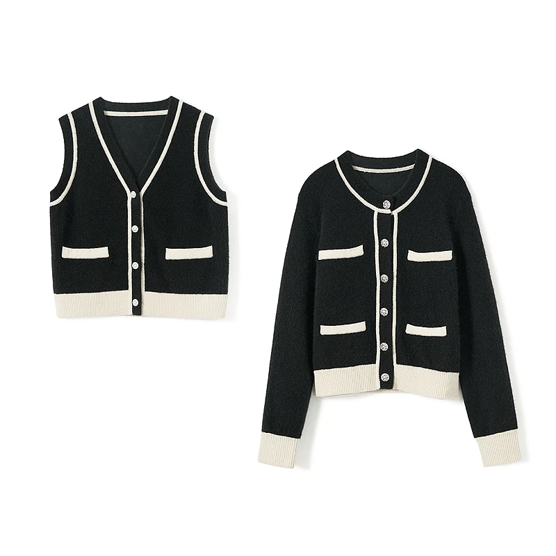 

Cardigan Women Two Pieces Set 50% Wool Blended Knitted Elegant Spliced Design Open Stitch + Vest Elegant Style New Fashion