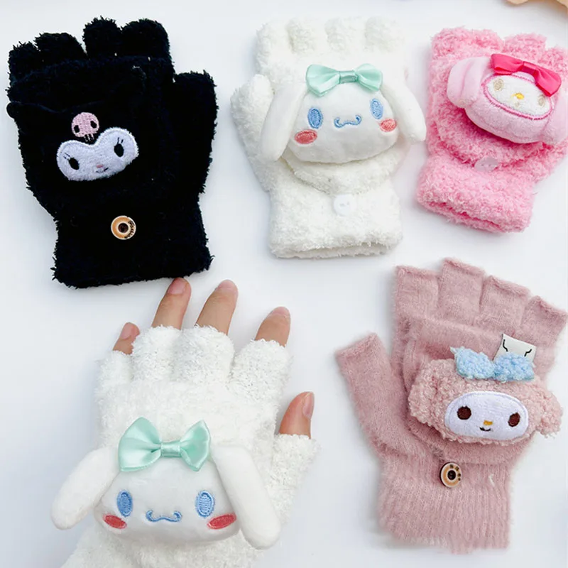 

Kawaii Sanrio Plush Gloves Kuromi Mymelody Cinnamoroll Anime Kids Gloves Student Writing Bare Finger Gloves Warm Autumn Winter