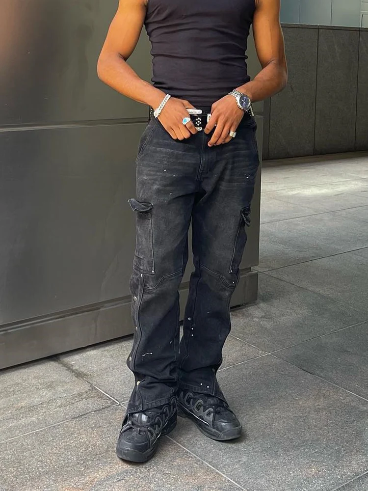 New Trendy Men's Cargo Pants Distressed Cotton Denim Trousers Pantalone Hombre Split Button Up Straight Blue Ripped Cargo Jeans