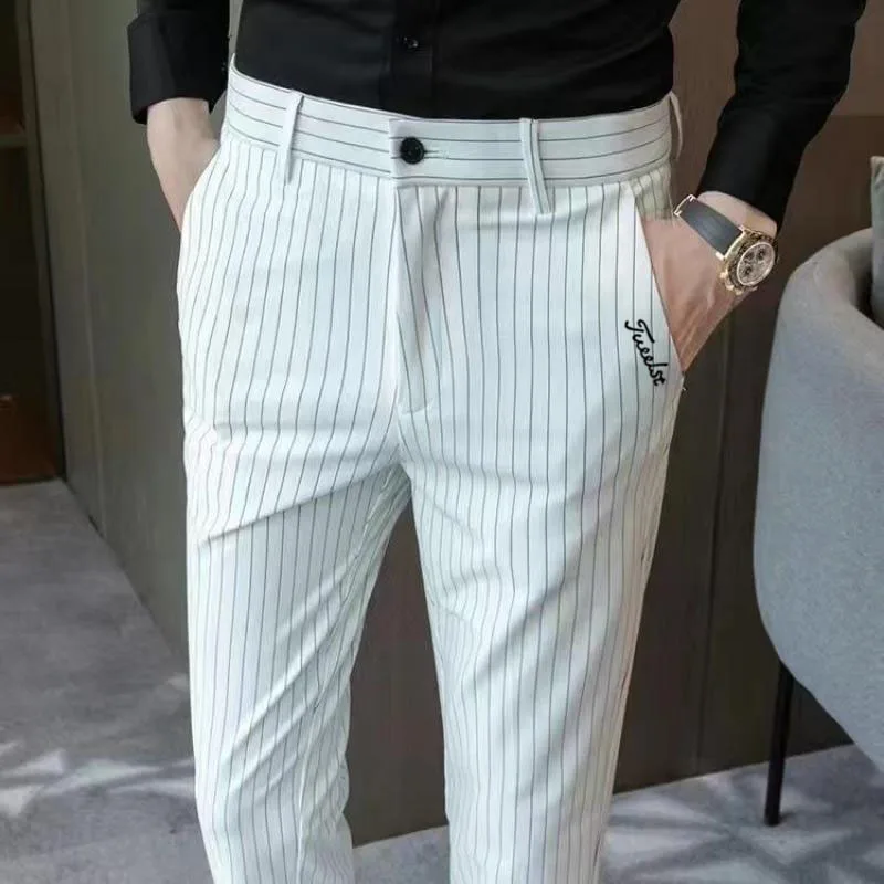 

Men's Golf Pants White Vertical Stripe Casual Business Pants Summer Trendy Fit Feet Pants Golf