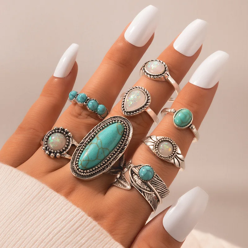 

Vintage Boho Blue Stone Turquoise Rings For Women Wholesale Mix Styles Ethnic Finger Ring Set Jewelry Party Gifts