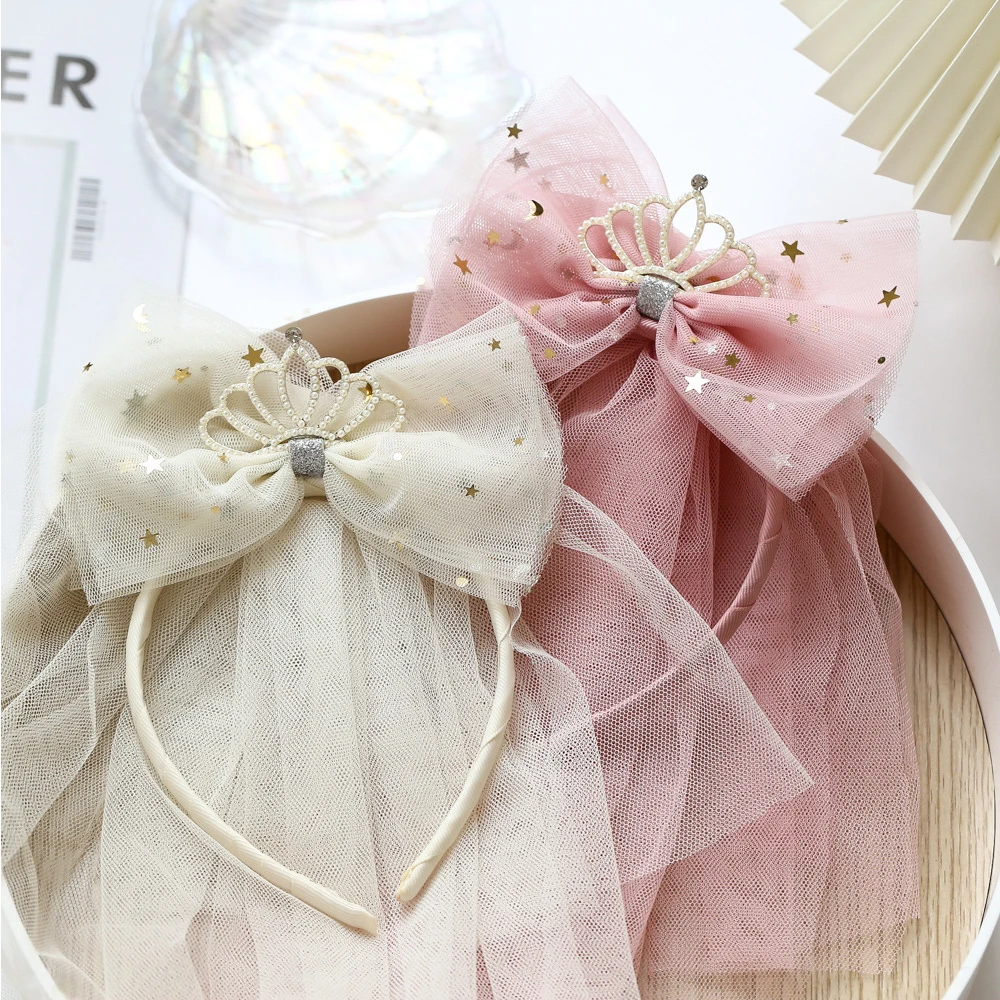 

Korean Handmade Cute Headbands For Kids Girl Princess Hairbands Yarn Veil Crown Bow Knot Flower Child Hair Accessories Wholesale