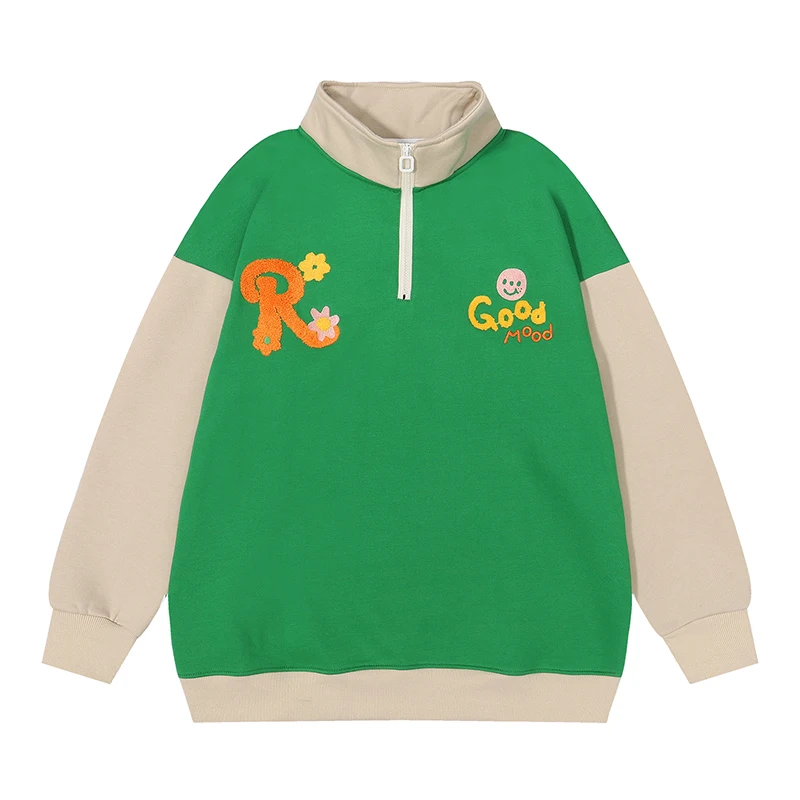 

Cartoon Letter Flocking Embroidery Turtleneck Color Match Fleece Sweatshirts Retro Harajuku Streetwear Oversized Casual Hoodies