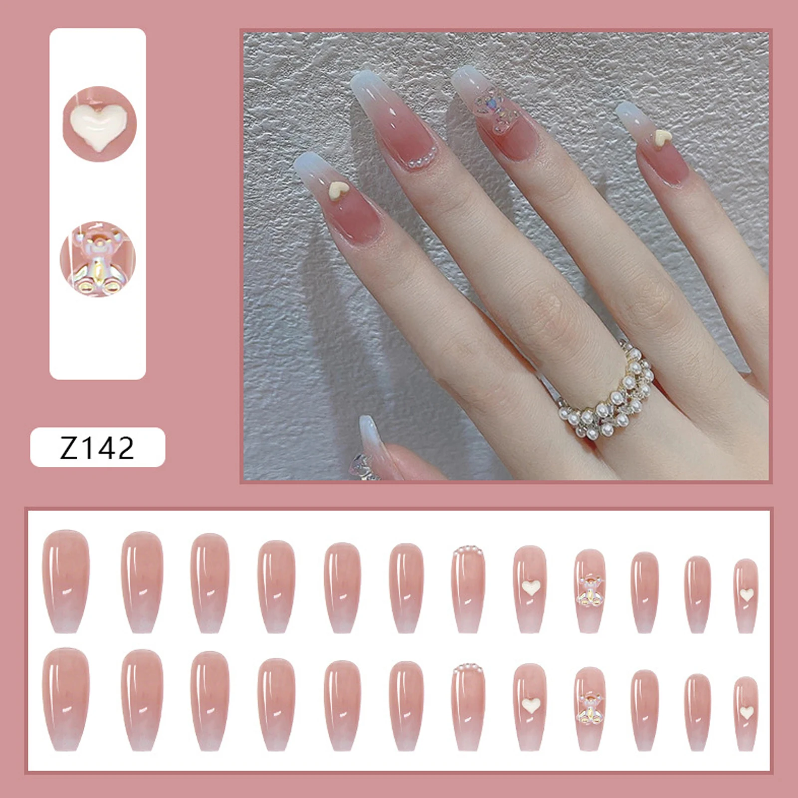 

24pcs Detachable Press on Nails Cute Love Heart Bear Fake Nails Artificial Tips For Short Decoration False Nails Art With Glue
