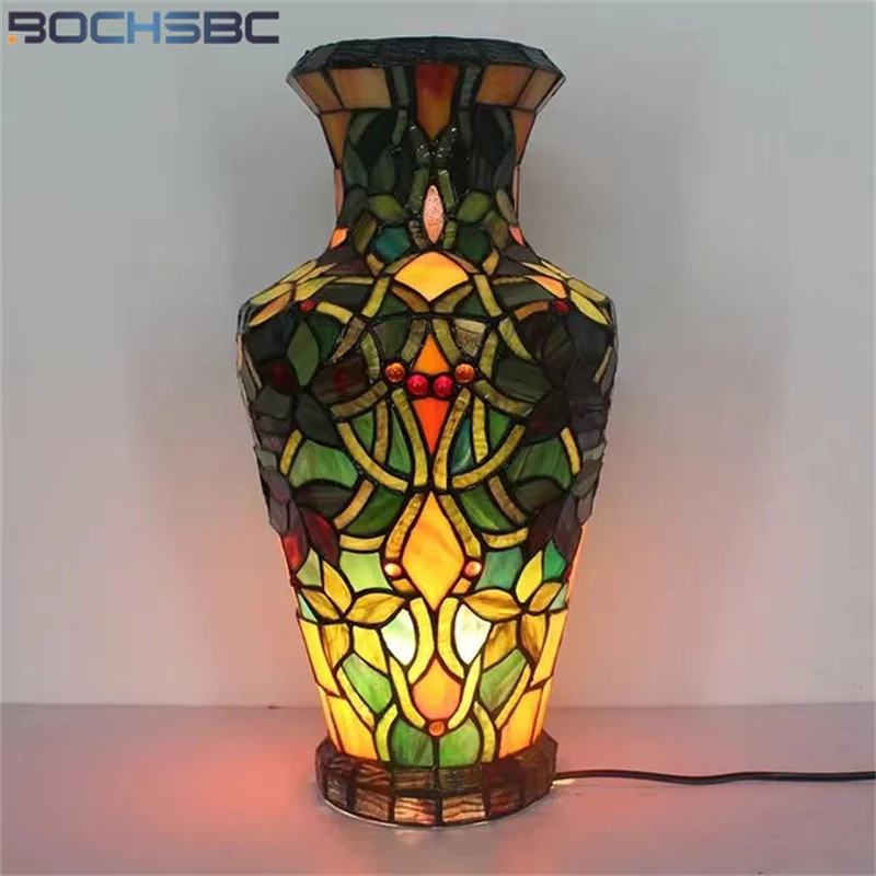 

BOCHSBC Tiffany Style Vase Table Light Stained Glass Home Background Handcrafted Decorations Desk Lamps Antique Flower Pot LED