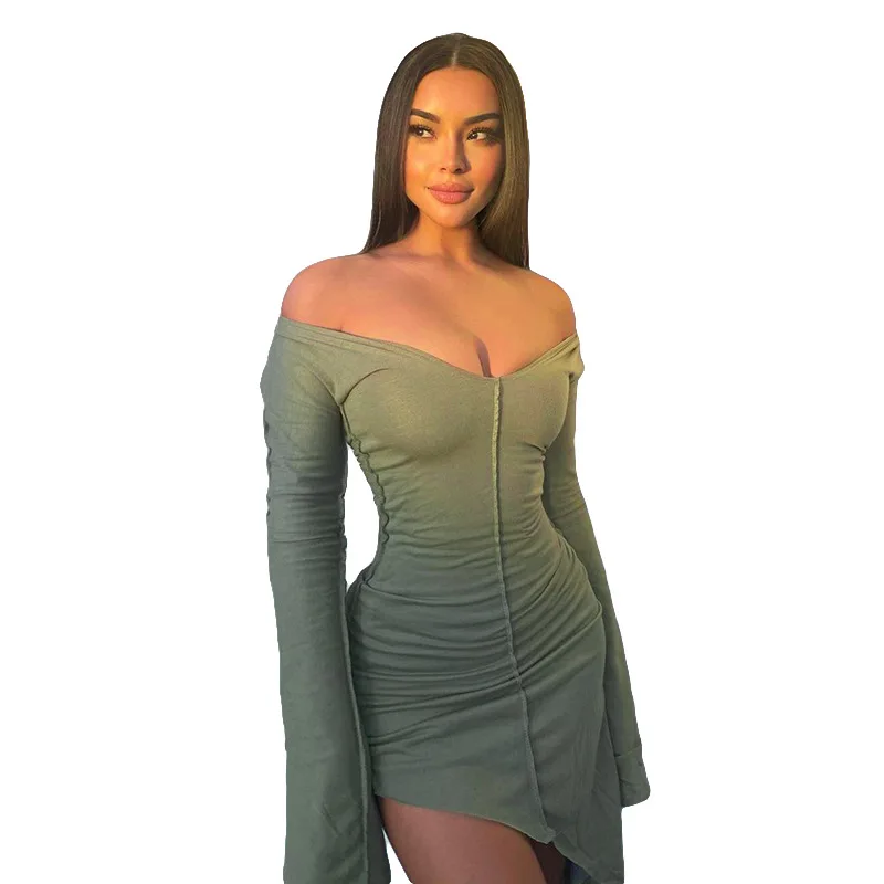 Однотонное асимметричное женское платье с длинным рукавом и V-образным вырезом |