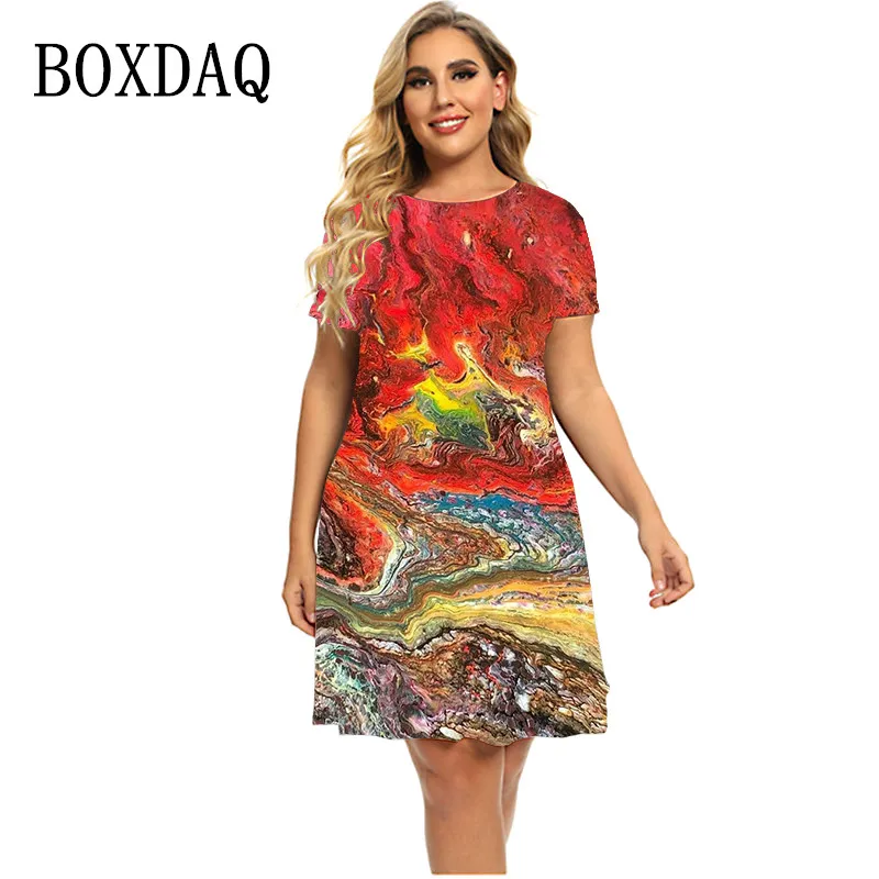 

Tie Dye Abstract Painting Dress For Women 2022 Vintage Casual Street Short Sleeve Loose Plus Size Dresses Summer Clothing 6XL