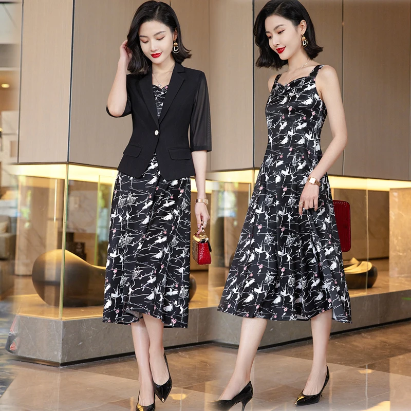 Korean Spring Summer Dress Suits Women Fashion Two Piece Set Outfits Blazer Top Office Ladies Formal OL Work Professional Wear