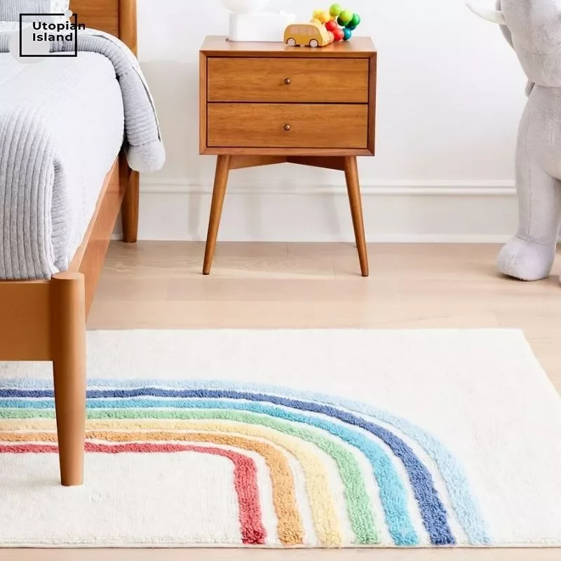 

NEW2023 White Hairy Nursery Mats For Children Plush Bedroom Rugs Soft Kids Room Foot Mat Rainbow Fluffy Carpets For Living Room