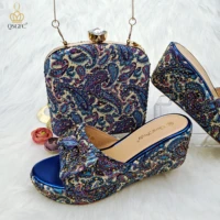 qsgfc exquisite and beautiful blue color paisley pattern comfortable and elegant ladies medium heel sandals shoes bag set