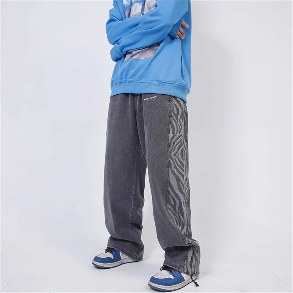 Elastic Waist Jeans Skeleton Baggy Casual Jean Pants Mens Japan Style Streetwear Straight Denim Trousers Male Vintage Blue