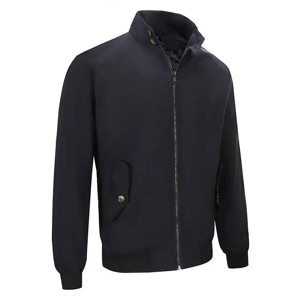 

Winter/Autumn Men's Jacket Elastic Hem Stand Collar Solid Color All Match Leisure Pockets Smooth Spring Jacket for Daily Wear