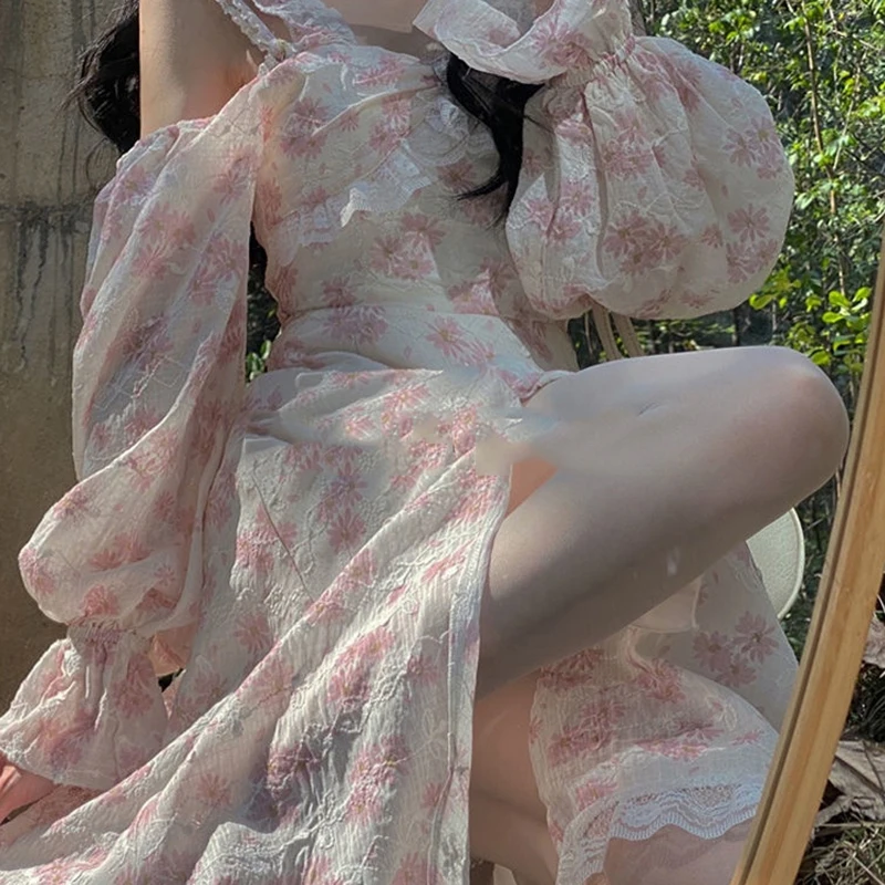 

Женское винтажное кружевное платье, элегантное праздничное пляжное платье во французском стиле с Боковым Разрезом и открытыми плечами