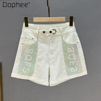 letter rhinestone white short jeans pants for women womens trendy denim shorts 2022 new summer high waisted loos hot pants