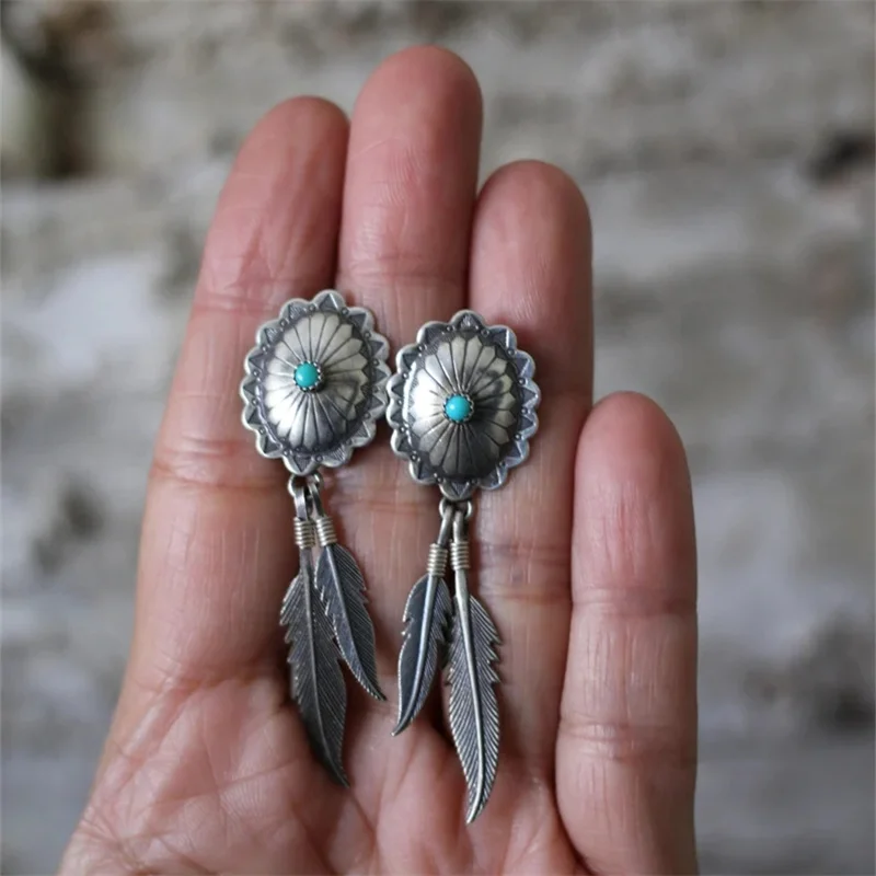 

Ethnic Round Inlaid Blue Stone Drop Earrings Vintage Silver Color Metal Carving Plume Dangle Earrings for Women