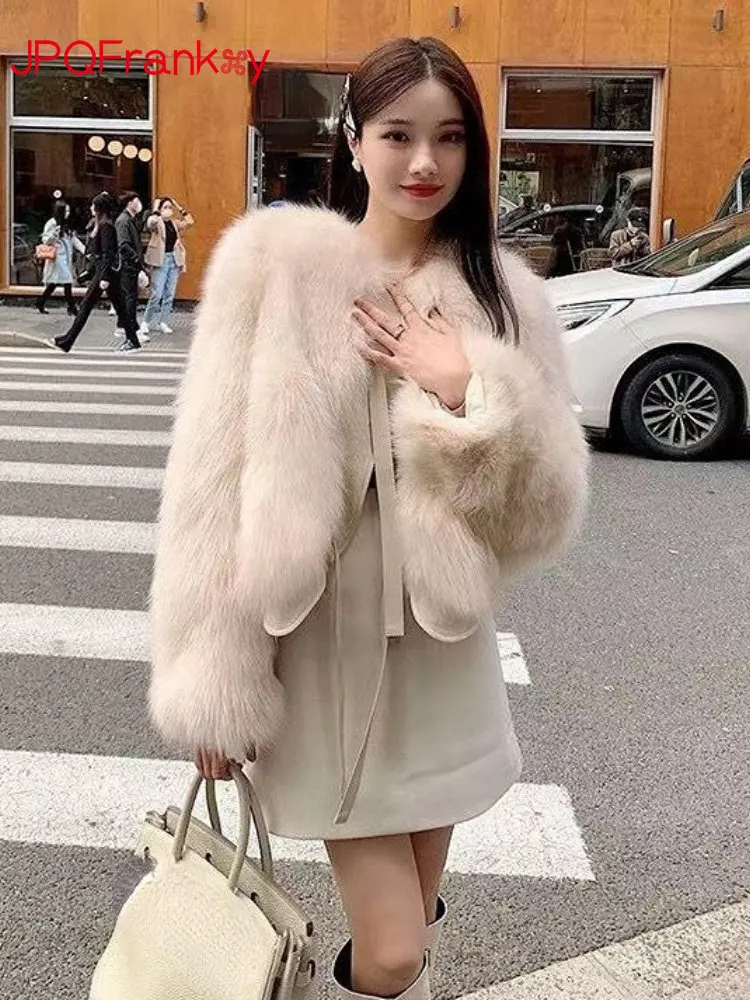 Autumn/Winter 2022 New Fox Like Fur Coat Women's South Korean Short Versatile Lace Up Solid Color Woven Fur Coat Jacket Women