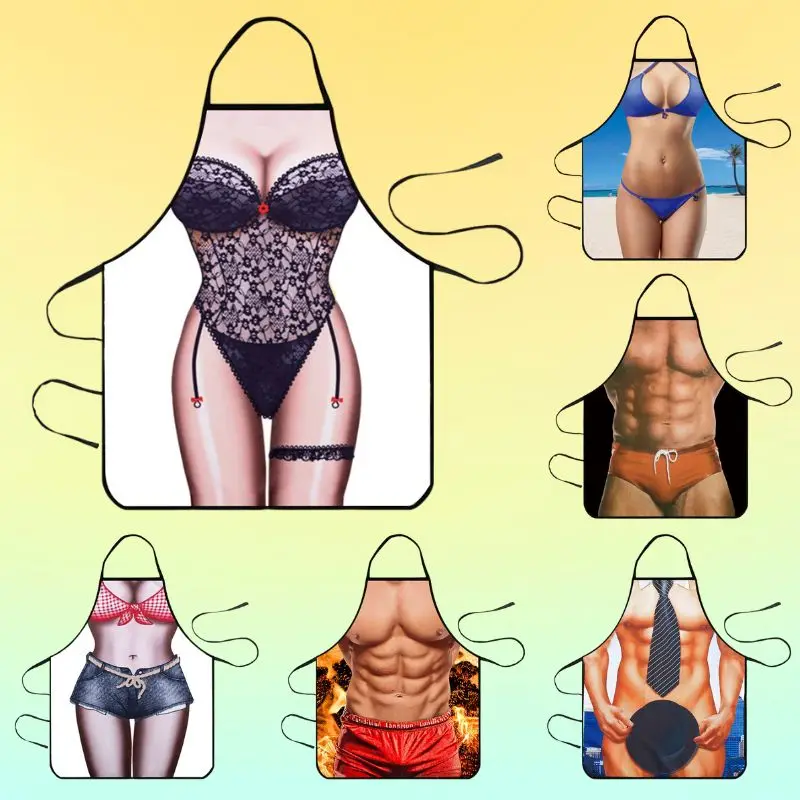 

Funny Sexy Lady Aprons for Women Nordic Kitchen Baking Cartoon Party Events Kids Play Tricks Cosplay Men Clean Shave Chef Aprons