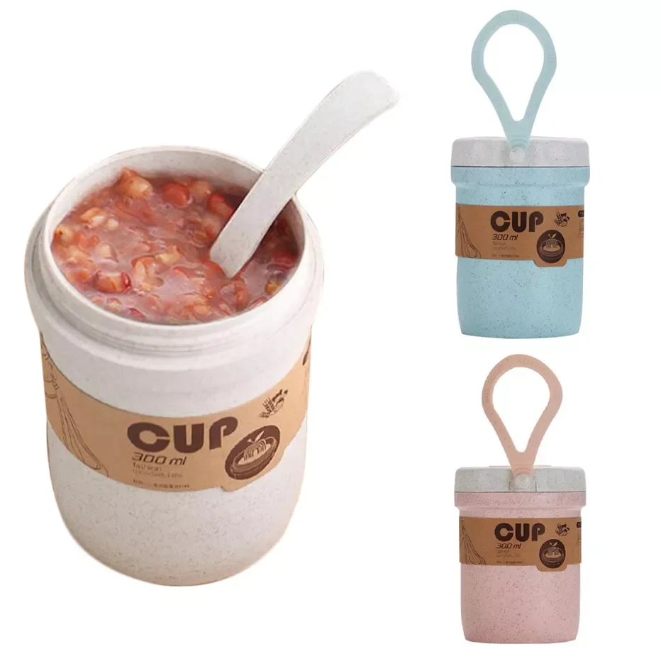 

Shape Plastic Soup Container Eco Friendly Wheat Straw Leakproof Soup Bottlke with Handle Microwave Safe Food Cup