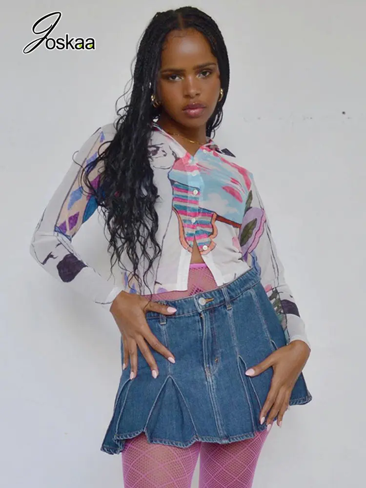 

Женские рубашки Joskaa с эстетическим принтом, одежда осень-зима 2022, хипстерские Блузы на пуговицах с отворотом и длинным рукавом, уличная одеж...