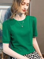 solid puff sleeve women tops cotton tshirts green basic t shirt womens 2022 summer short sleeve top tees fashion woman clothing