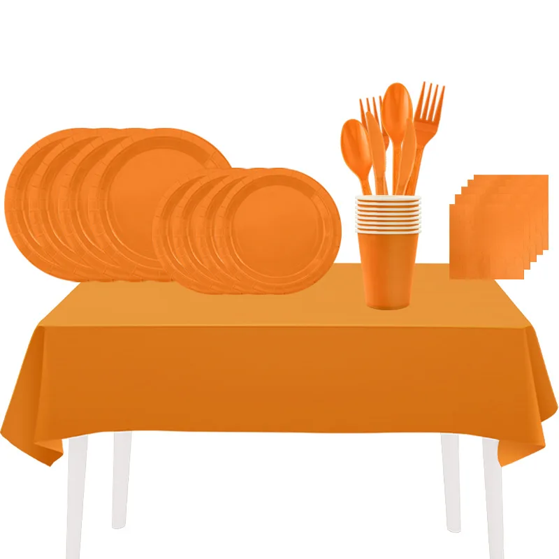 

Solid Color Orange Party Disposable Tableware Paper Cup Paper Plate Napkin Tablecloth Adult Party Kids Party Decoration Supplies