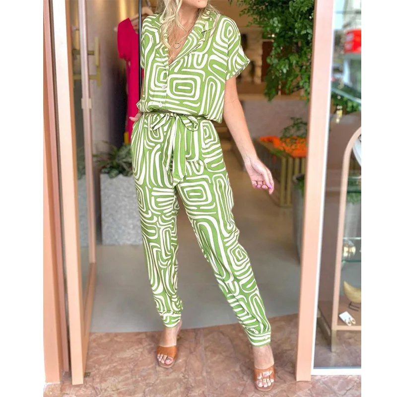 

2022 Summer New Grass Green Printed Two Piece Set Women Suit Collar Short Sleeve Top and High Waist Leggings Pants Leisure Suit