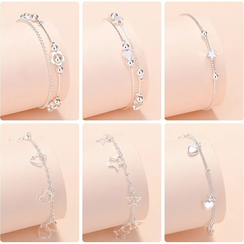 

Bells Love Stars Flowers Mickey 925 Silver Plated Bracelet for Women Flower Moon Balls Engagement Commemorative Jewelry