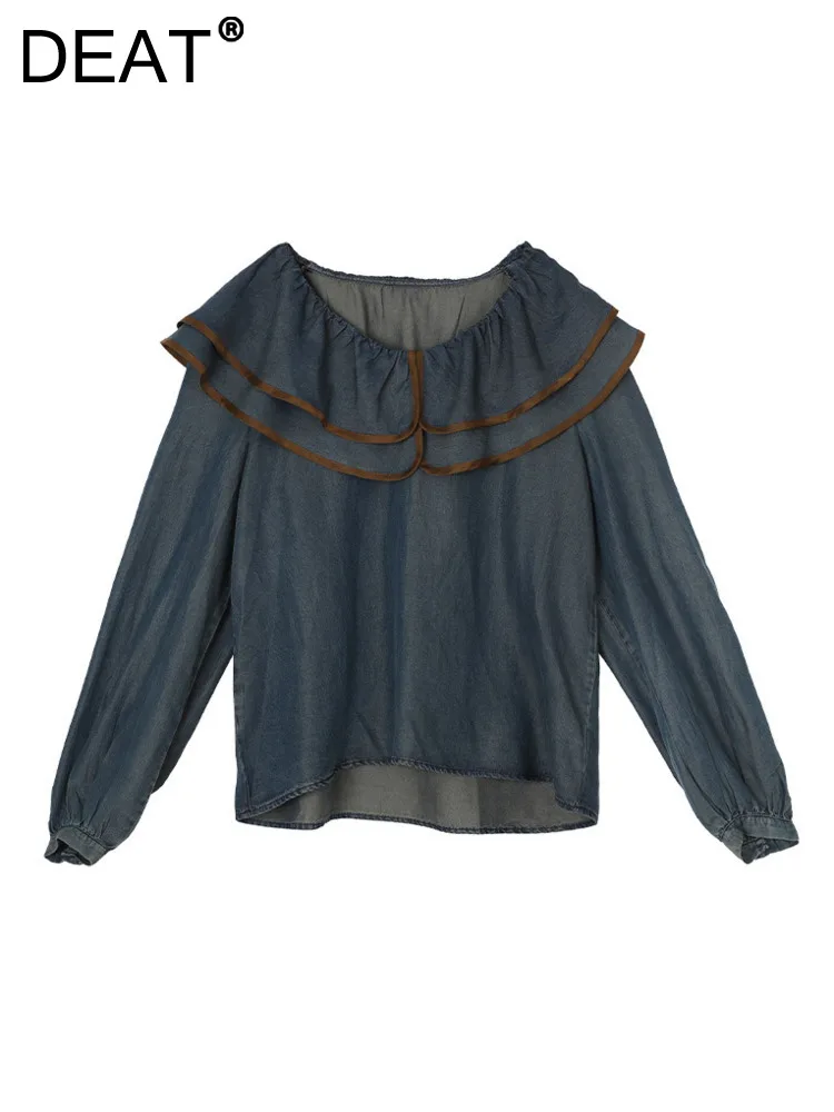 

Женская рубашка DEAT с оборками на воротнике, свободная темно-синяя Элегантная блузка с длинным рукавом, осень 2023, новая мода 29L3269