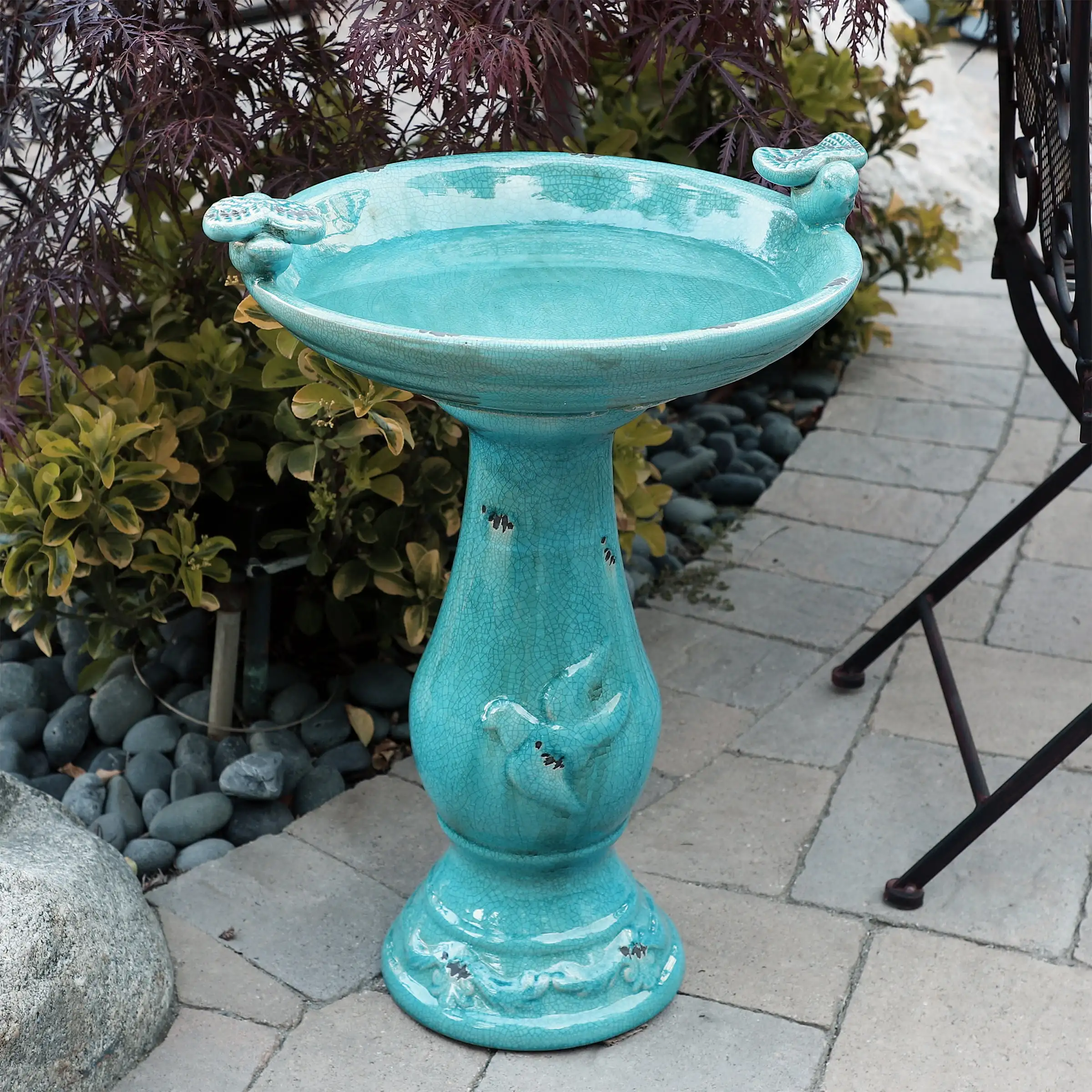

Alpine Corporation Ceramic Pedestal Bird Bath with Bird Figurines, Turquoise