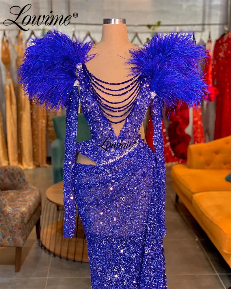 

Feathers Long Royal Blue Evening Dresses Mermaid Beading Tassel Crystals Woman Robes De Soirees Dubai Arabic Party Dress Custom