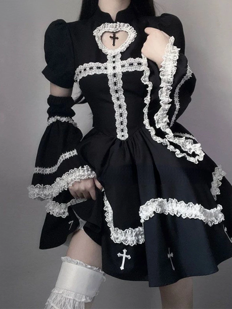 

Женское платье с длинным рукавом, Черное Кружевное Платье-миди в готическом стиле с оборками, Y2k