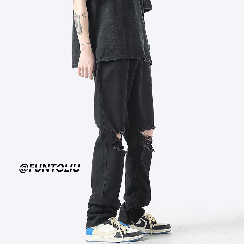 Summer 3 Color Ripped Baggy Jeans Men's Fashion Casual Hole Straight Jeans Streetwear Hip Hop Loose Denim Pants Mens Trousers