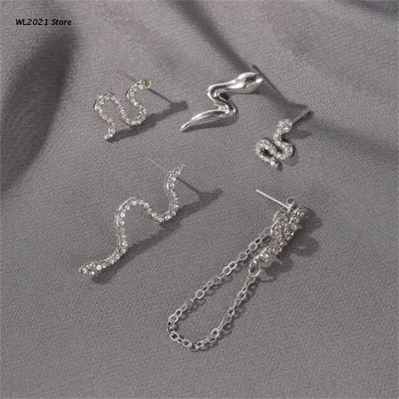 

5PCS/Set Girls Earrings Stylish Snake Crystal Tassel Chain Earring Stud Jewelry Gifts For Women Trendy Personality Gift