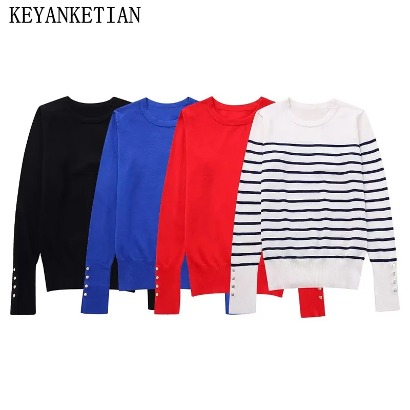 

KEYANKETIAN Autumn New Women's Cuff Buttons Embellish Striped Knitwear Basic Simply O-Neck Thin Screw Thread Pullover Sweater