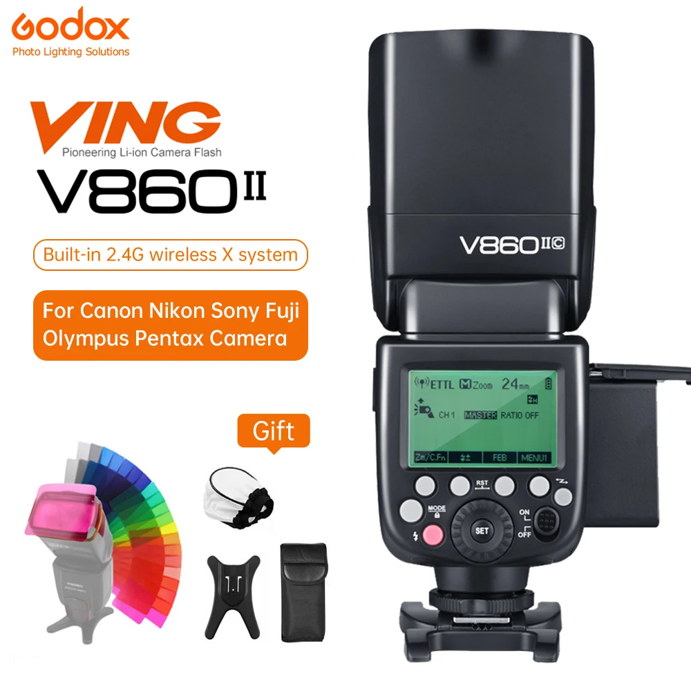 

Godox V860III V860II V860IIC V860IIS V860IIN Flash Speedlite TTL for Canon Nikon DSLR cameras Olympus Panasonic Sony