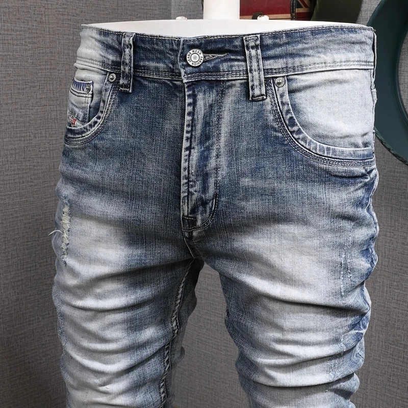 Fashion Designer Mens Jeans Retro Light Blue Stretch Slim Fit Printed Ripped Hole Denim Trousers Vintage Casual Pants Hombre