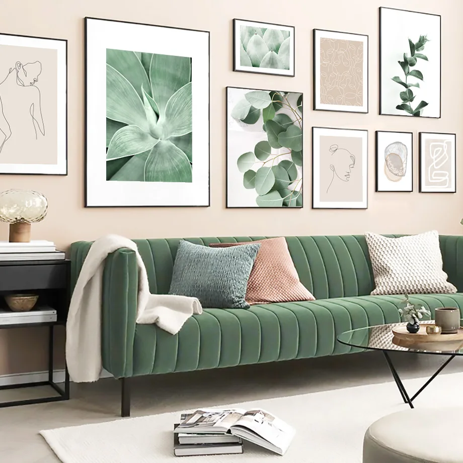 

Abstrat Girl Lines Green Eucalyptus Leaves Agave Wall Art Canvas Posters Painting And Prints Wall Pictures For Living Room Decor