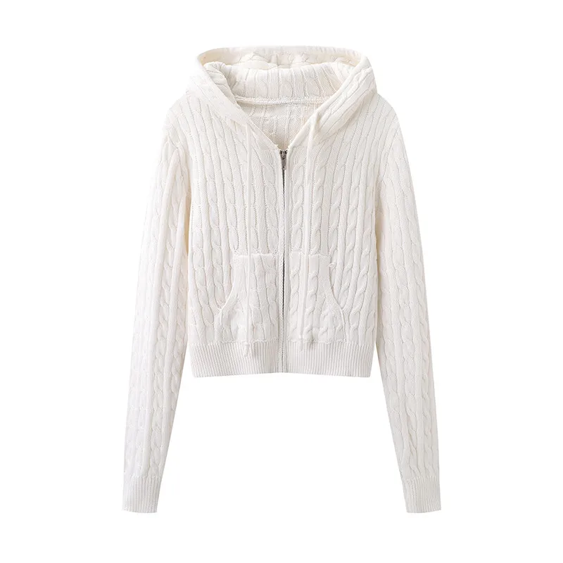 Женский прямой кардиган с капюшоном винтажный однотонный в стиле High Street