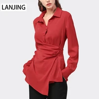 autumn new high end drape loose casual long sleeved top shirt with female woman top blouse casual solid v neck