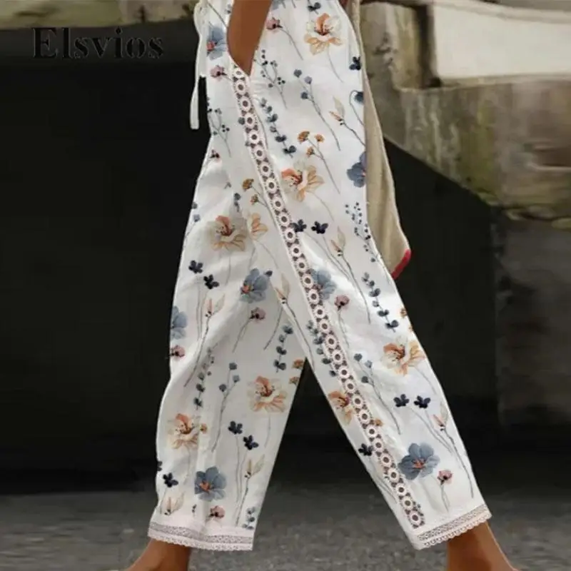 

Women's Beach Trousers Vintage Harajuku Floral Print Pants Female Casual Pockets Patchwork Embroidery Lace Hollow Out Long Pants