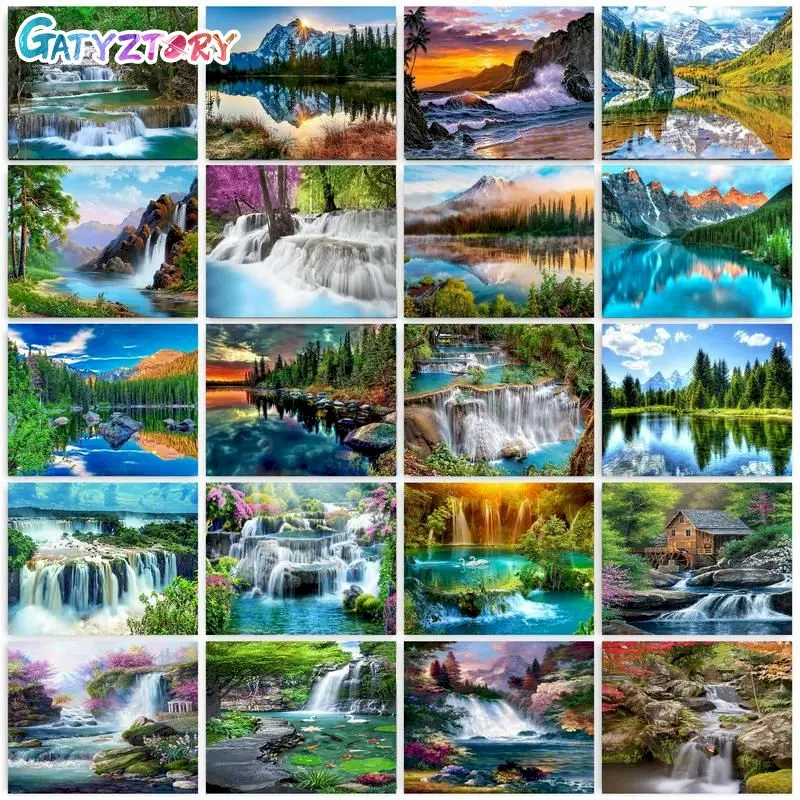 

GATYZTORY Diy Painting By Numbers Landscape Waterfall Coloring By Numbers Handpainted Acrylic Canvas Paint Diy Arts