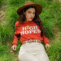 high hopes letters and flower printed women red sweatshirts loose long sleeve cotton thick crewneck pullover retro style jumper