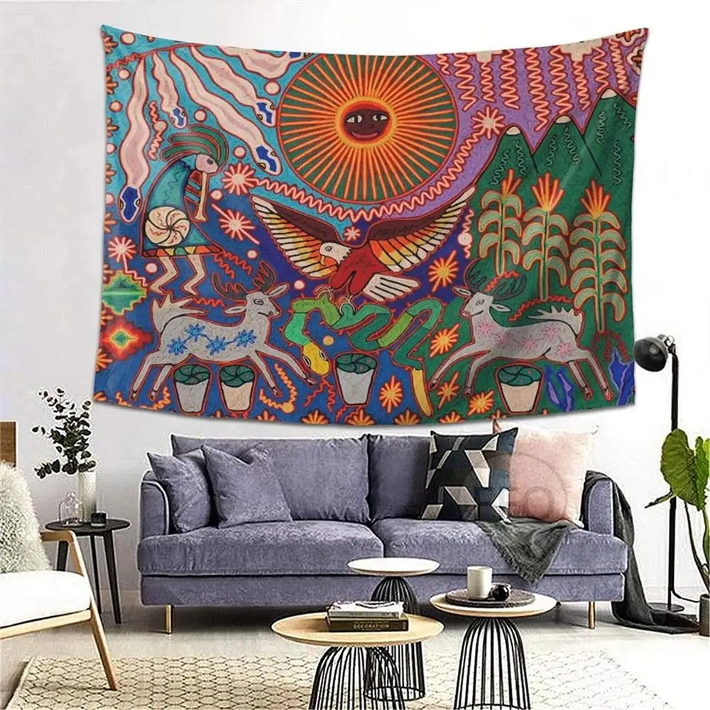 Mexico Mexican Mayan Tribal Art Tapestry wall hanging Ethnic Paintings Psychedelic Aesthetic Background Cloth Home Decorations