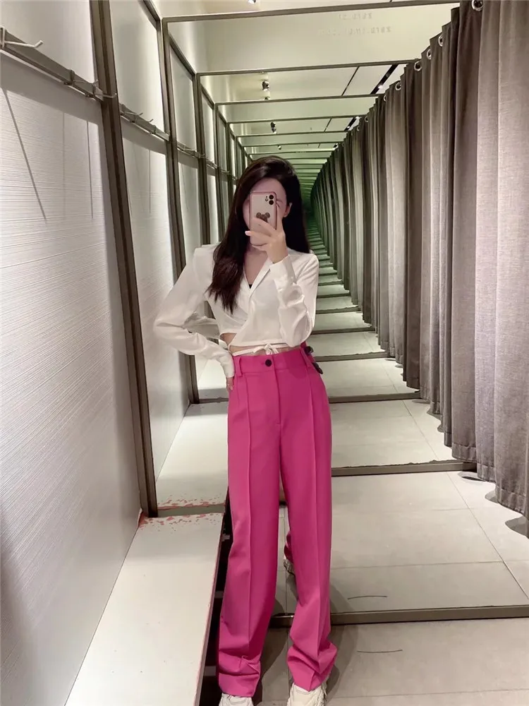 Брюки женские фуксия с высокой талией и прямыми штанинами |