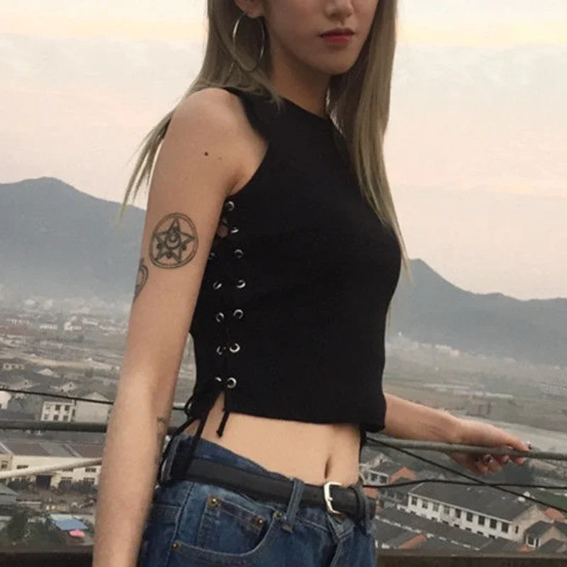 Укороченные топы майки женская одежда дизайн на шнуровке сексуальные летние