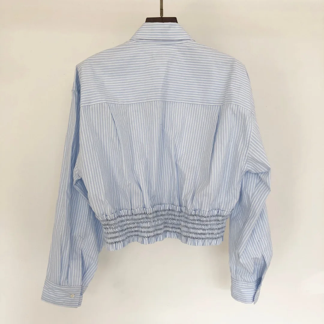 

Women Turn-down Collar Shirt Pleated Slim Waist Vertical Stripes Early Spring 2023 Long Sleeve Blouse
