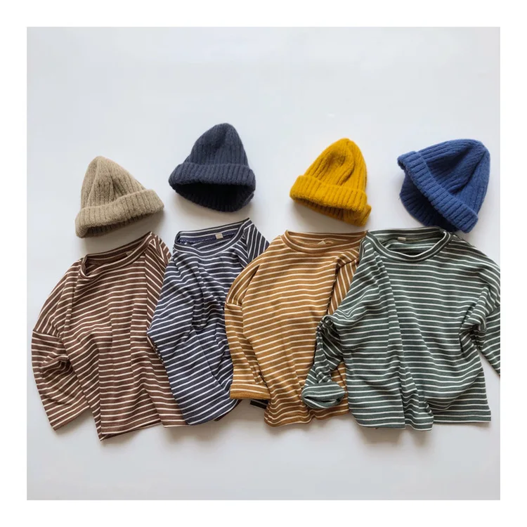 

Children's Stripe Undercoat Spring and Autumn New Style Boys' and Girls' Brushed Warm Undercoat Long Sleeve T-shirt