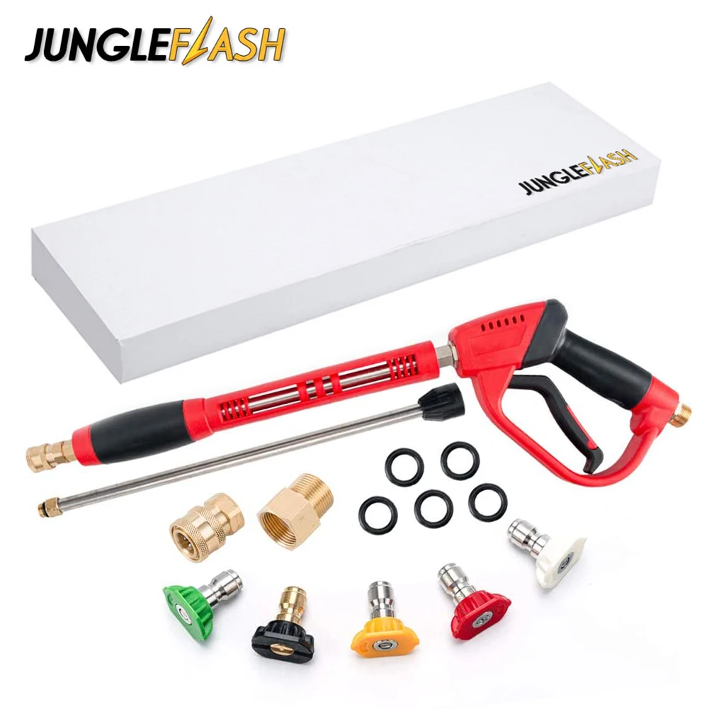 JUNGLEFLASH Pressure Washer Gun High Power Washer Gun with Replacement Wand Extension 5 Nozzle Tips M22 Fittings 40Inch 5000PSI